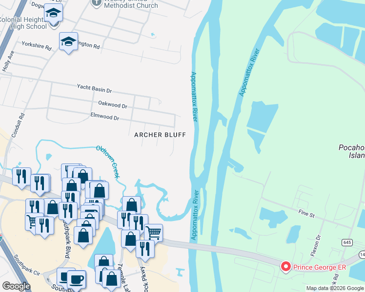 map of restaurants, bars, coffee shops, grocery stores, and more near 1519 Mount Pleasant Drive in Colonial Heights
