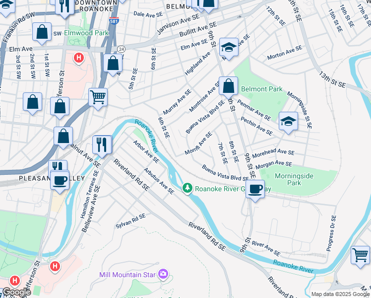map of restaurants, bars, coffee shops, grocery stores, and more near 622 Morrill Avenue Southeast in Roanoke