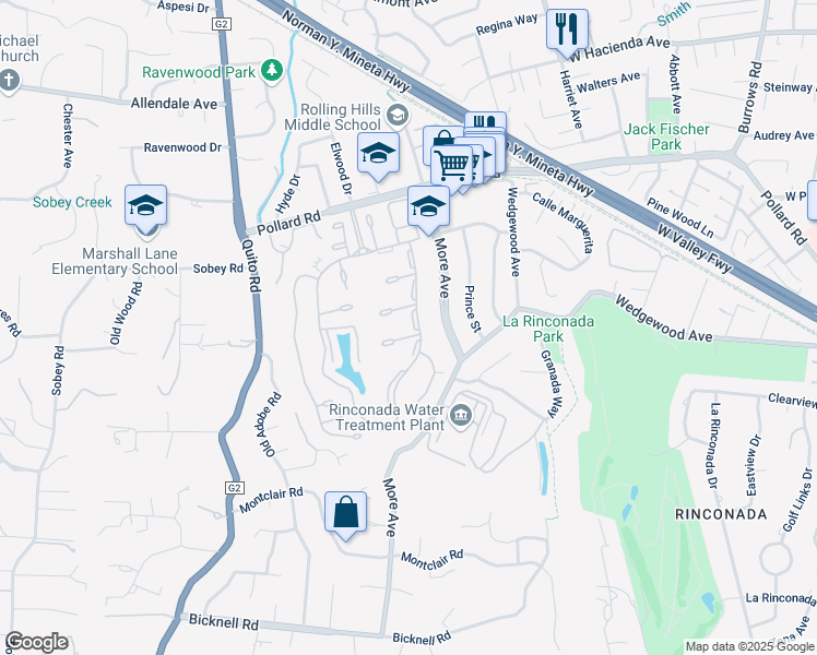 map of restaurants, bars, coffee shops, grocery stores, and more near 285 Casitas Bulevar in Los Gatos