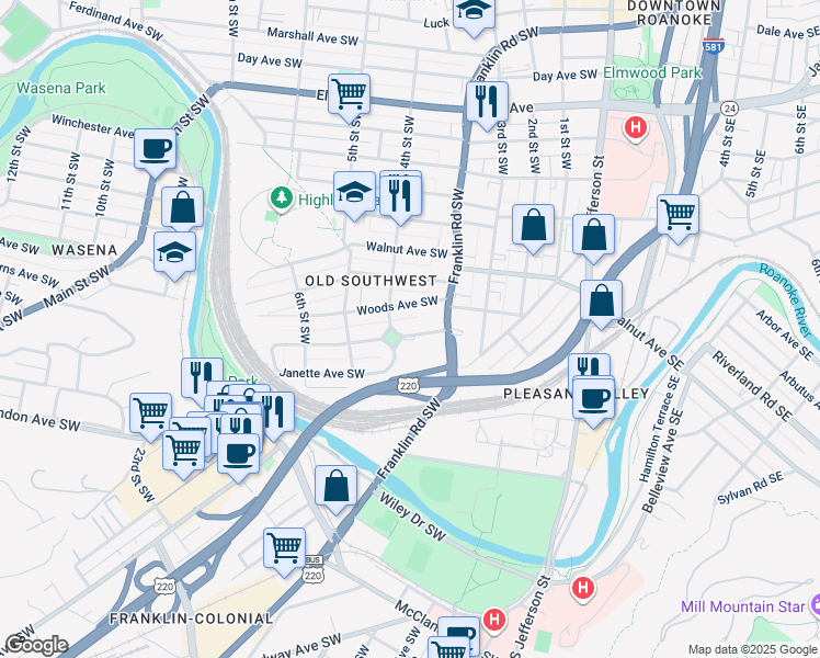 map of restaurants, bars, coffee shops, grocery stores, and more near 331 King George Avenue Southwest in Roanoke