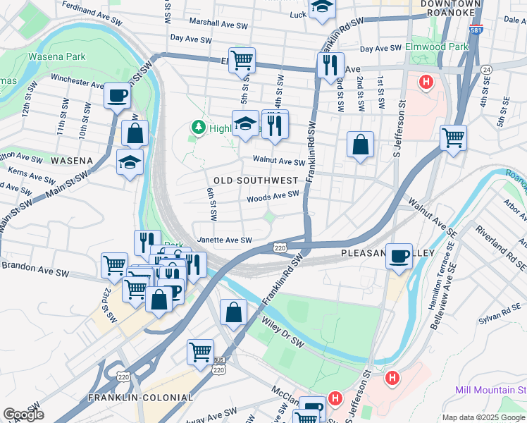map of restaurants, bars, coffee shops, grocery stores, and more near 405 King George Avenue Southwest in Roanoke