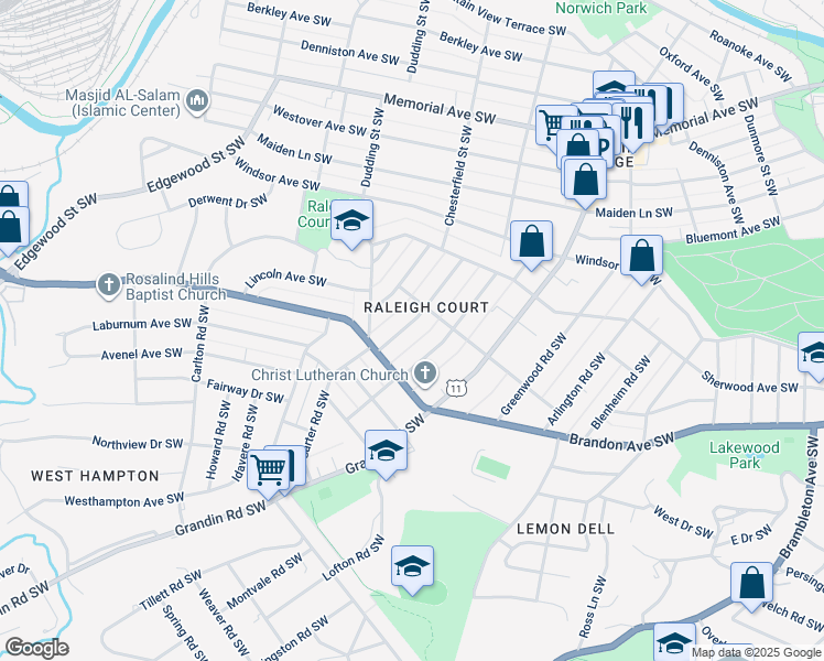 map of restaurants, bars, coffee shops, grocery stores, and more near 1922 Avon Road Southwest in Roanoke