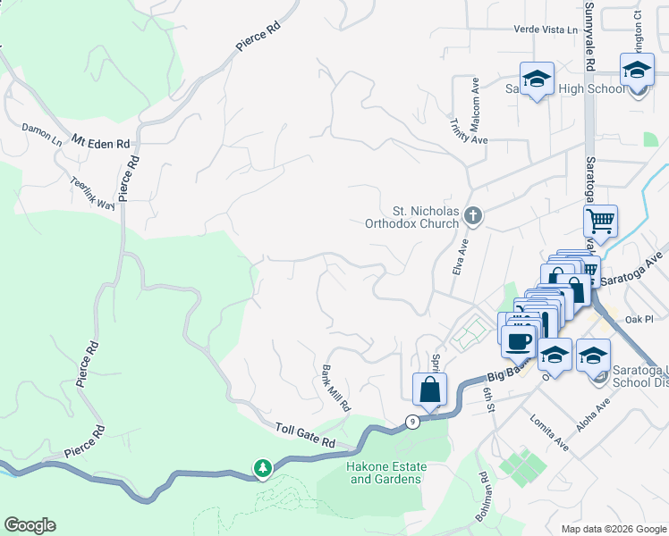 map of restaurants, bars, coffee shops, grocery stores, and more near 21250 Glenmont Drive in Saratoga
