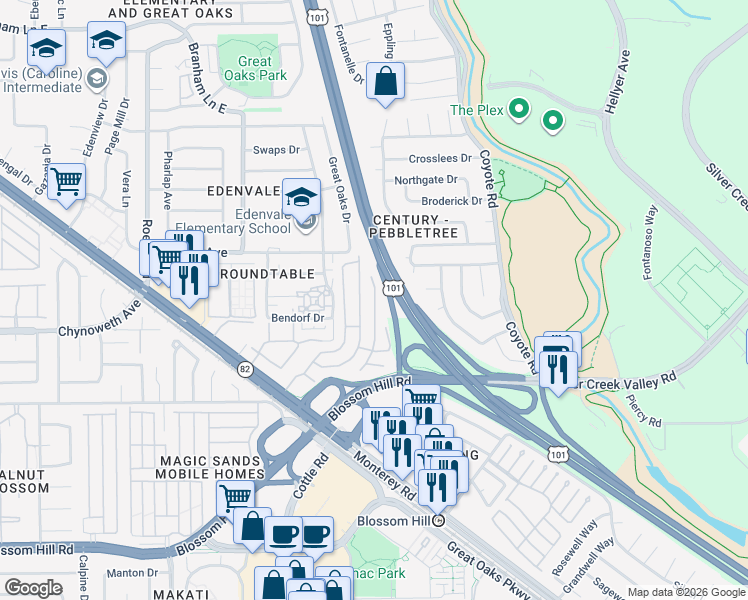 map of restaurants, bars, coffee shops, grocery stores, and more near 54 Calle Pintada in San Jose