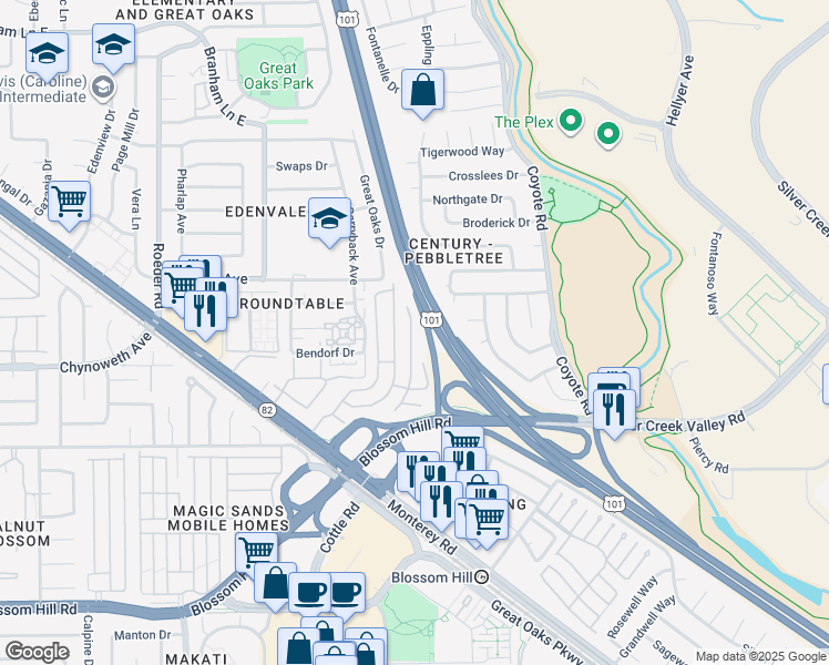 map of restaurants, bars, coffee shops, grocery stores, and more near 54 Calle Pintada in San Jose