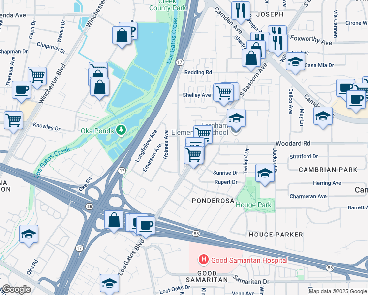 map of restaurants, bars, coffee shops, grocery stores, and more near 369 Hatcher Court in Campbell
