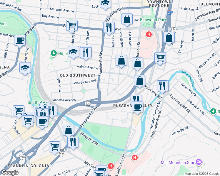 map of restaurants, bars, coffee shops, grocery stores, and more near 1410 3rd Street Southwest in Roanoke