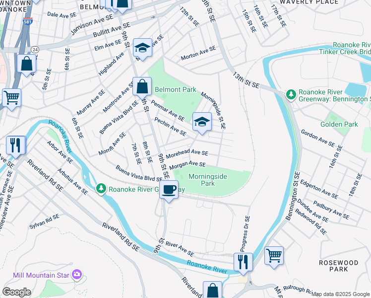 map of restaurants, bars, coffee shops, grocery stores, and more near 952 Morehead Avenue Southeast in Roanoke