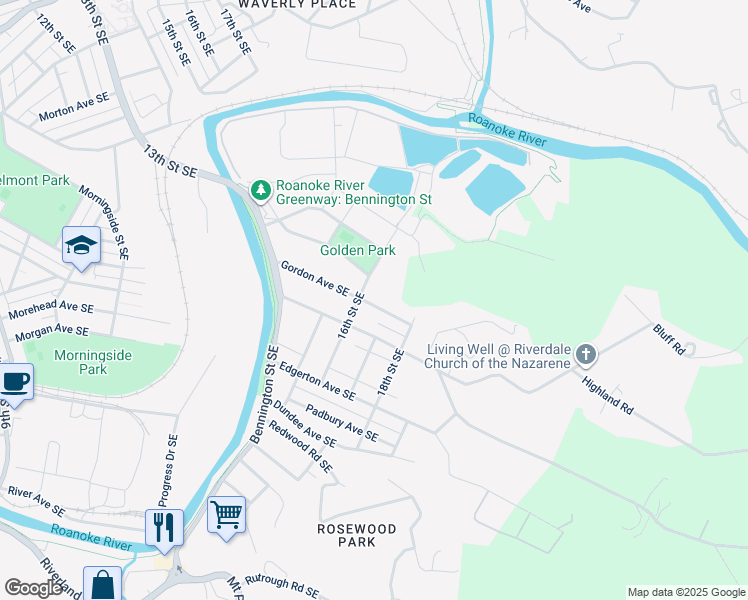 map of restaurants, bars, coffee shops, grocery stores, and more near 1614 Gordon Avenue Southeast in Roanoke