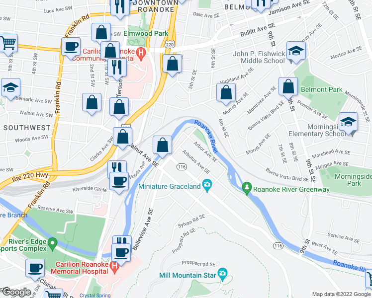 map of restaurants, bars, coffee shops, grocery stores, and more near 410 Arbutus Avenue Southeast in Roanoke
