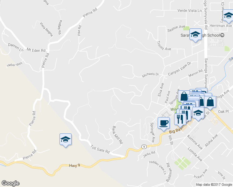 map of restaurants, bars, coffee shops, grocery stores, and more near 21250 Glenmont Drive in Saratoga