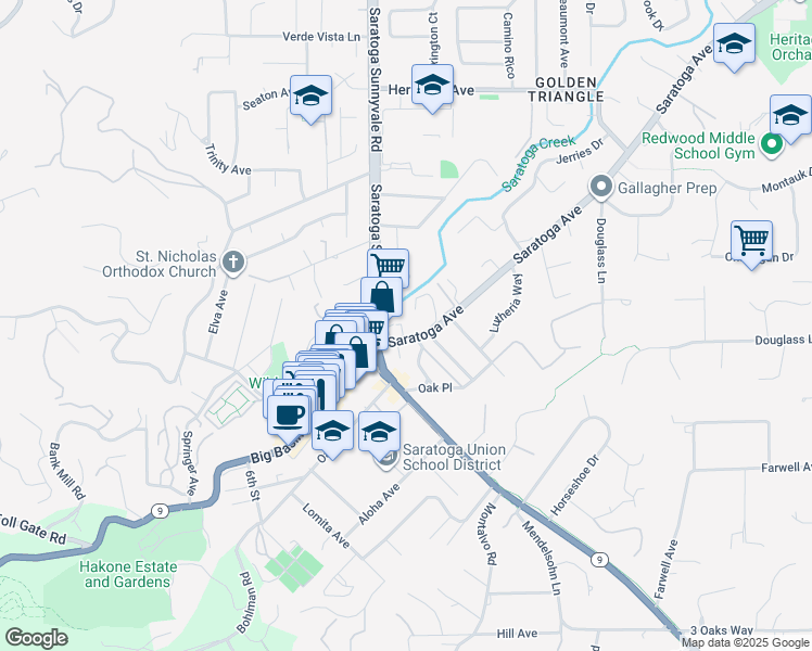 map of restaurants, bars, coffee shops, grocery stores, and more near 14351 Saratoga Avenue in Saratoga
