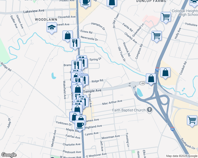map of restaurants, bars, coffee shops, grocery stores, and more near 208 Ridge Road in Colonial Heights