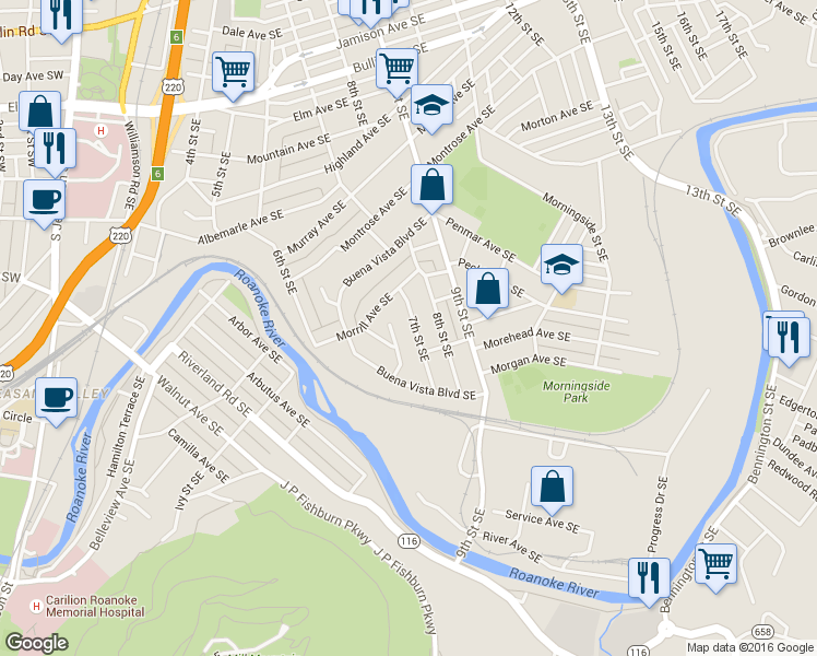 map of restaurants, bars, coffee shops, grocery stores, and more near 1513 7th Street Southeast in Roanoke