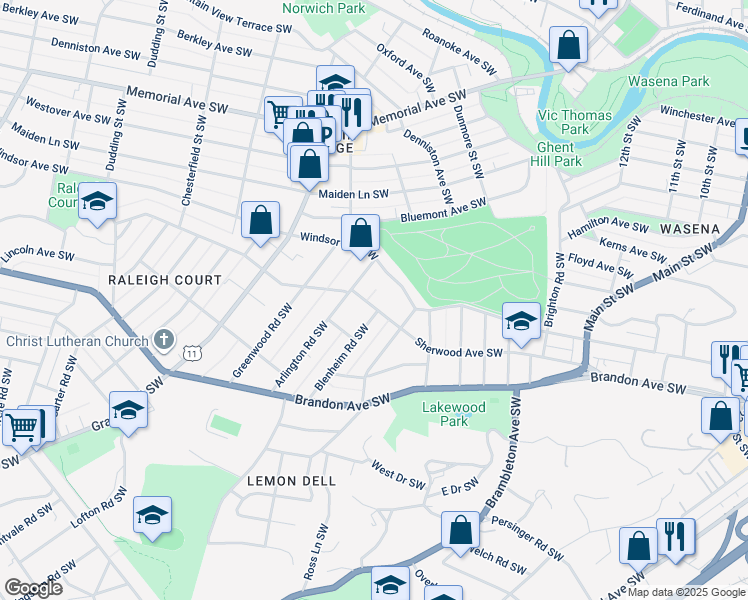map of restaurants, bars, coffee shops, grocery stores, and more near 1709 Sherwood Avenue Southwest in Roanoke