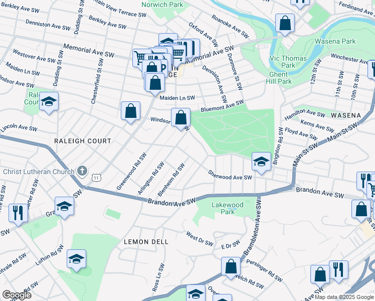 map of restaurants, bars, coffee shops, grocery stores, and more near 1709 Sherwood Avenue Southwest in Roanoke