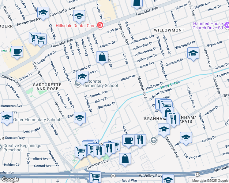 map of restaurants, bars, coffee shops, grocery stores, and more near 4118 Kirk Road in San Jose