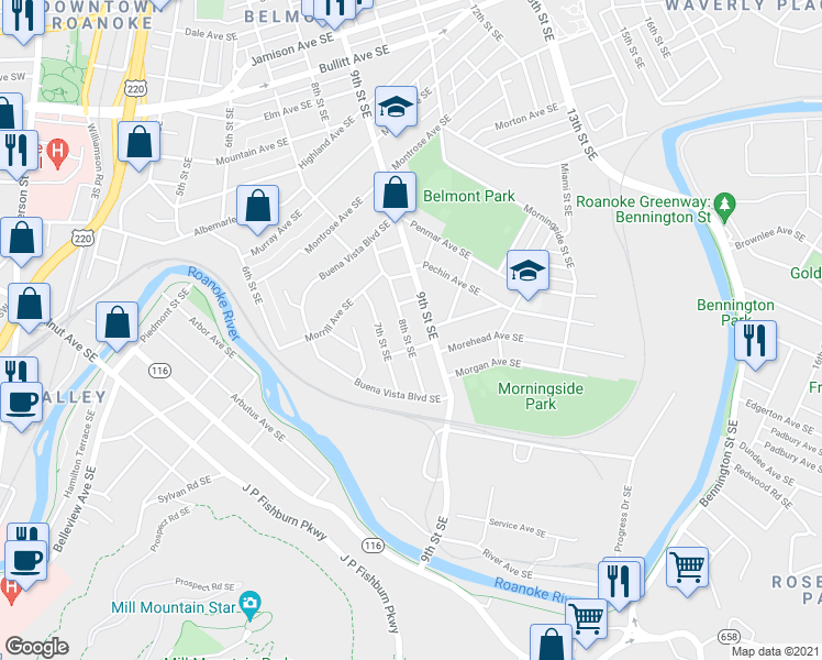 map of restaurants, bars, coffee shops, grocery stores, and more near 1526 8th Street Southeast in Roanoke