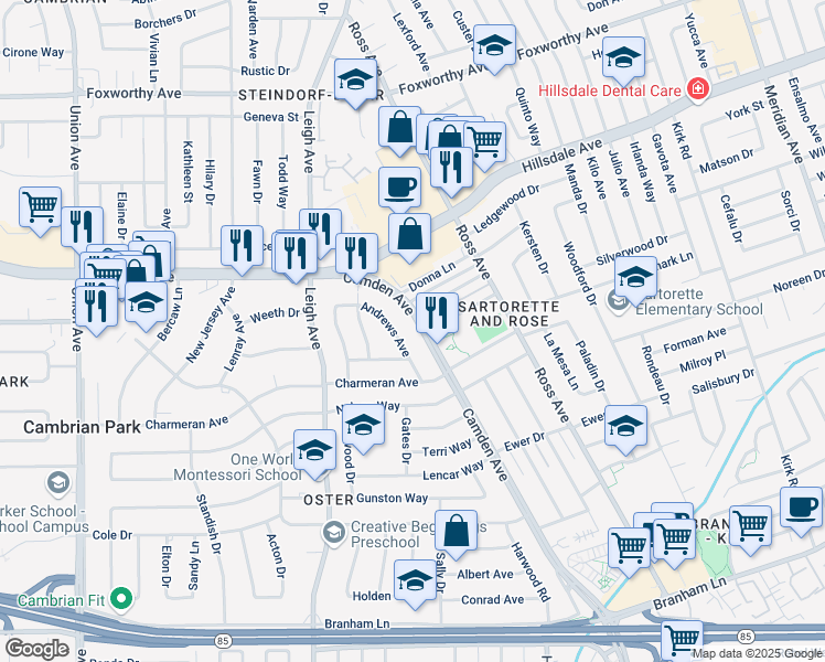 map of restaurants, bars, coffee shops, grocery stores, and more near 3873 Camden Avenue in San Jose
