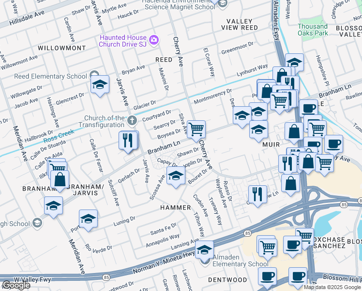 map of restaurants, bars, coffee shops, grocery stores, and more near 1358 Branham Lane in San Jose