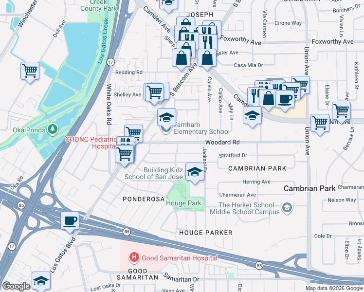 map of restaurants, bars, coffee shops, grocery stores, and more near 2292 Woodard Road in San Jose