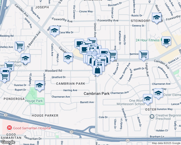 map of restaurants, bars, coffee shops, grocery stores, and more near 2028 Woodard Road in San Jose