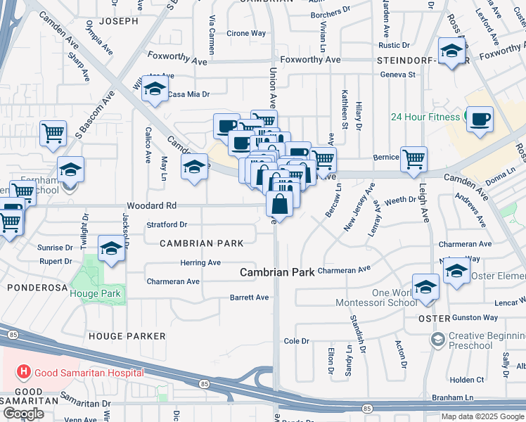 map of restaurants, bars, coffee shops, grocery stores, and more near 2028 Woodard Rd in San Jose