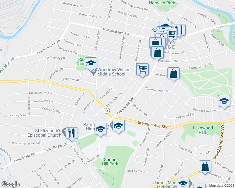 map of restaurants, bars, coffee shops, grocery stores, and more near 1901 Belleville Road Southwest in Roanoke