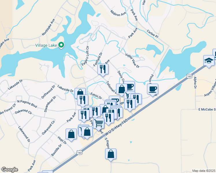 map of restaurants, bars, coffee shops, grocery stores, and more near 302 Talisman Drive in Pagosa Springs