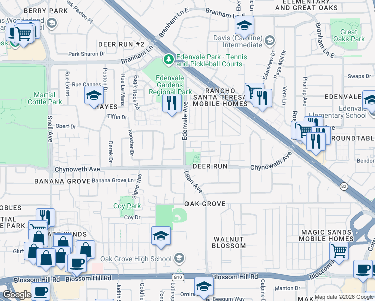 map of restaurants, bars, coffee shops, grocery stores, and more near 5277 Edenvale Avenue in San Jose