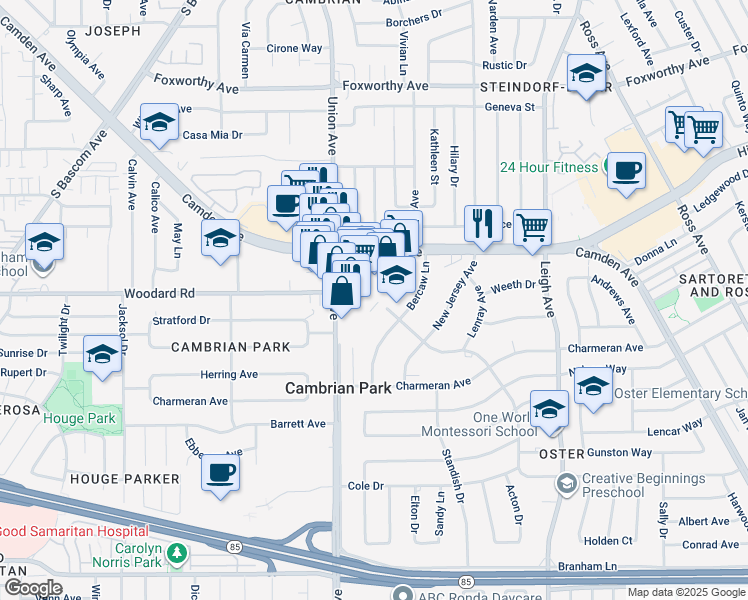 map of restaurants, bars, coffee shops, grocery stores, and more near 14381 Bercaw Lane in San Jose