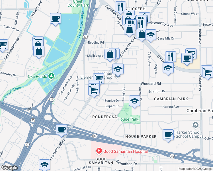 map of restaurants, bars, coffee shops, grocery stores, and more near 3725 Starview Drive in San Jose