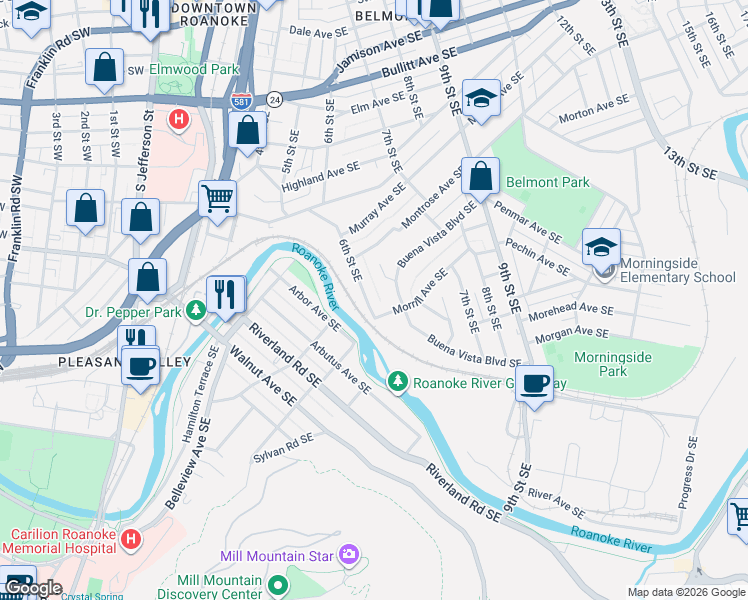 map of restaurants, bars, coffee shops, grocery stores, and more near 1331 6th Street Southeast in Roanoke