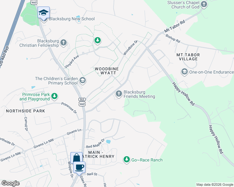 map of restaurants, bars, coffee shops, grocery stores, and more near 502 Mount Tabor Road in Blacksburg