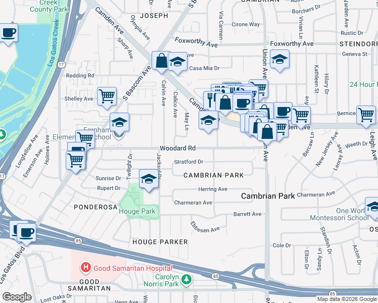 map of restaurants, bars, coffee shops, grocery stores, and more near 15360 Woodard Road in San Jose