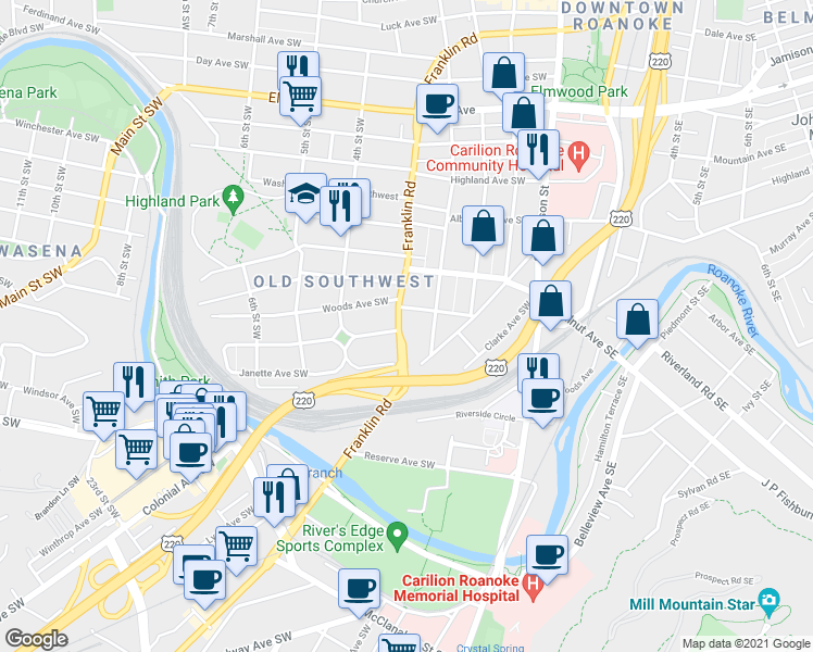 map of restaurants, bars, coffee shops, grocery stores, and more near 1510 Franklin Road Southwest in Roanoke