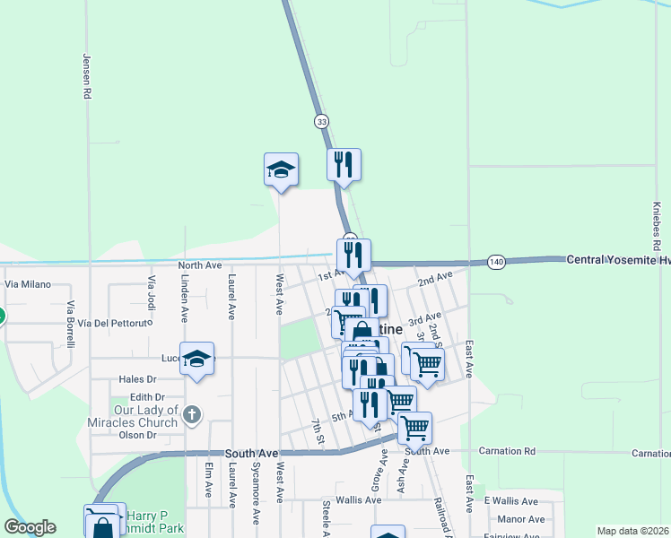 map of restaurants, bars, coffee shops, grocery stores, and more near 96 5th Street in Gustine