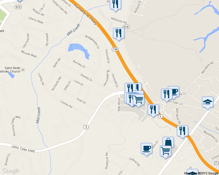map of restaurants, bars, coffee shops, grocery stores, and more near 103 Stanley Drive in Williamsburg