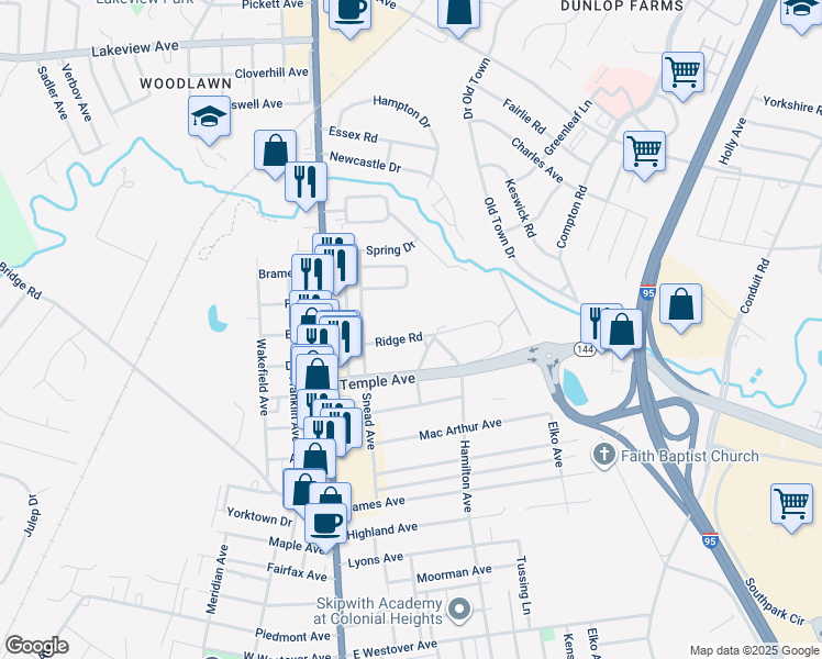 map of restaurants, bars, coffee shops, grocery stores, and more near 210 Ridge Road in Colonial Heights