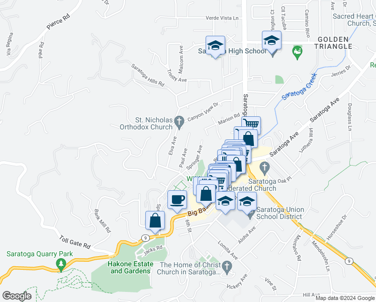 map of restaurants, bars, coffee shops, grocery stores, and more near 14300 Paul Avenue in Saratoga