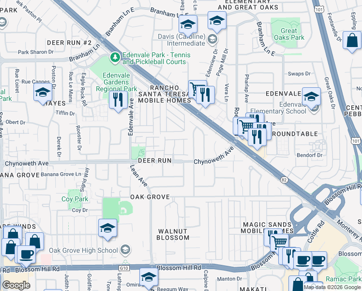 map of restaurants, bars, coffee shops, grocery stores, and more near 5245 Country Forge Lane in San Jose