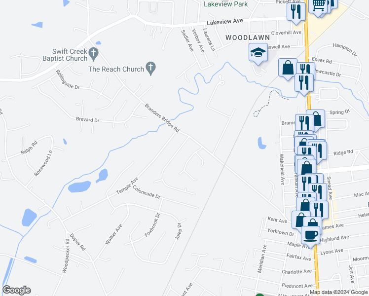 map of restaurants, bars, coffee shops, grocery stores, and more near 19107 Braebrook Drive in Ettrick