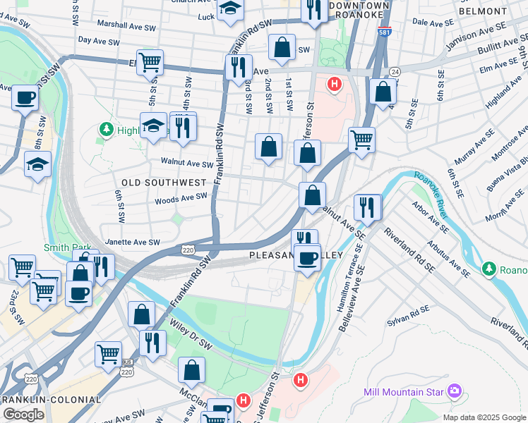 map of restaurants, bars, coffee shops, grocery stores, and more near 1348 Maple Avenue Southwest in Roanoke