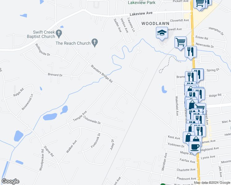 map of restaurants, bars, coffee shops, grocery stores, and more near 19107 Braebrook Drive in Ettrick