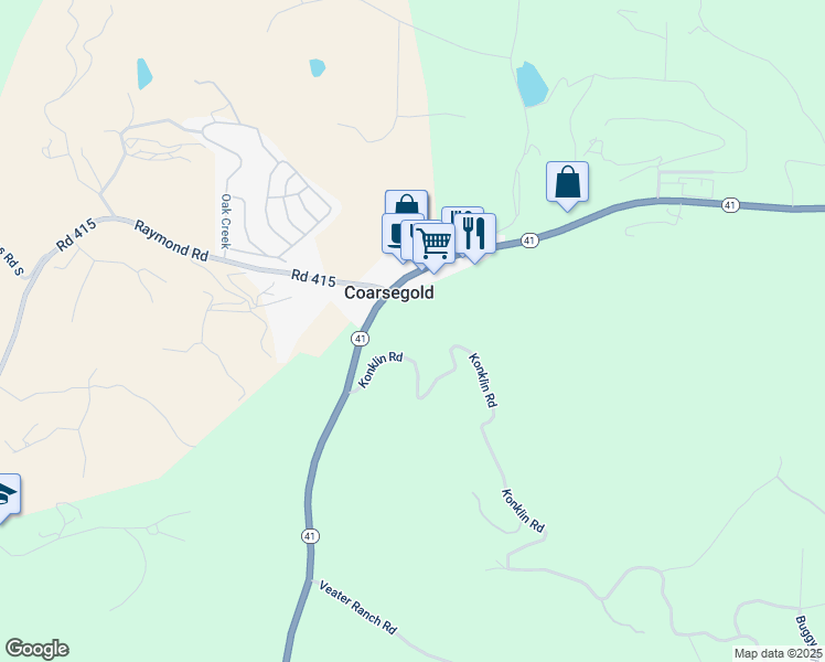map of restaurants, bars, coffee shops, grocery stores, and more near 46455 Konklin Road in Coarsegold
