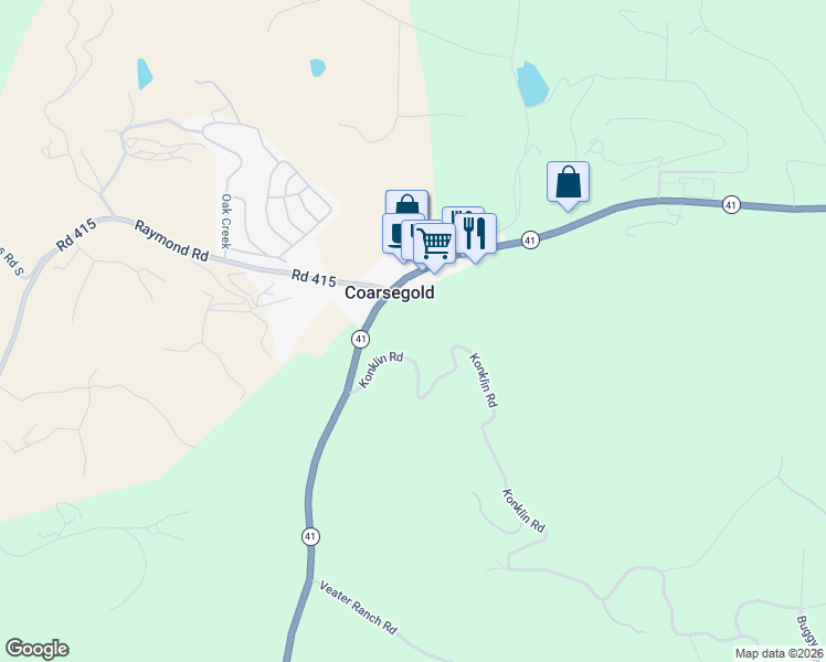 map of restaurants, bars, coffee shops, grocery stores, and more near 46455 Konklin Road in Coarsegold