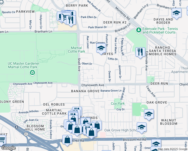 map of restaurants, bars, coffee shops, grocery stores, and more near 2502 Olivegate Lane in San Jose