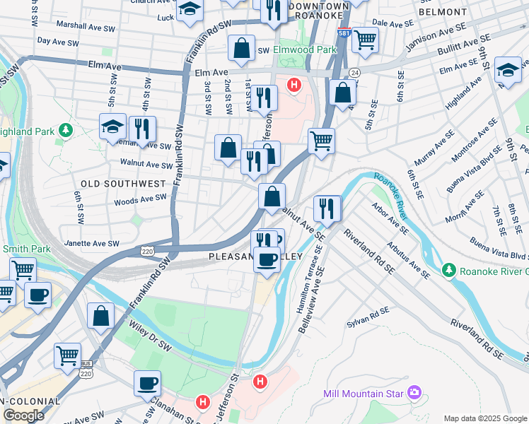 map of restaurants, bars, coffee shops, grocery stores, and more near 1402 Jefferson Street Southeast in Roanoke