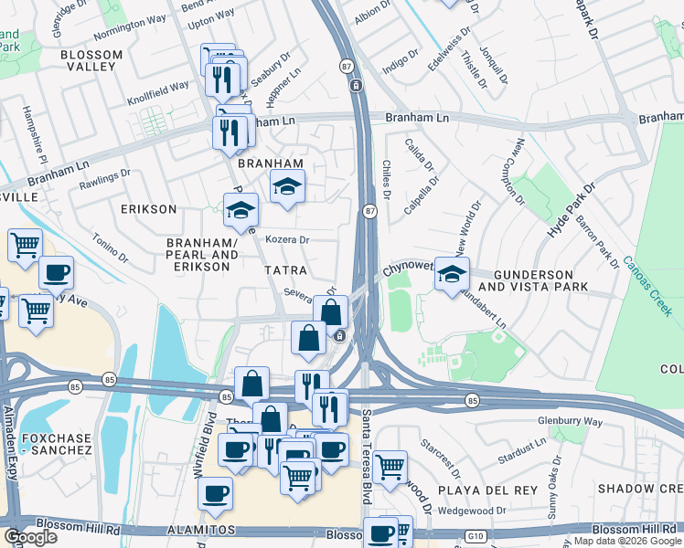map of restaurants, bars, coffee shops, grocery stores, and more near 5044 Severance Drive in San Jose