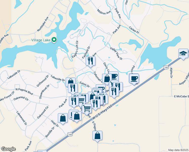 map of restaurants, bars, coffee shops, grocery stores, and more near 302 Talisman Drive in Pagosa Springs